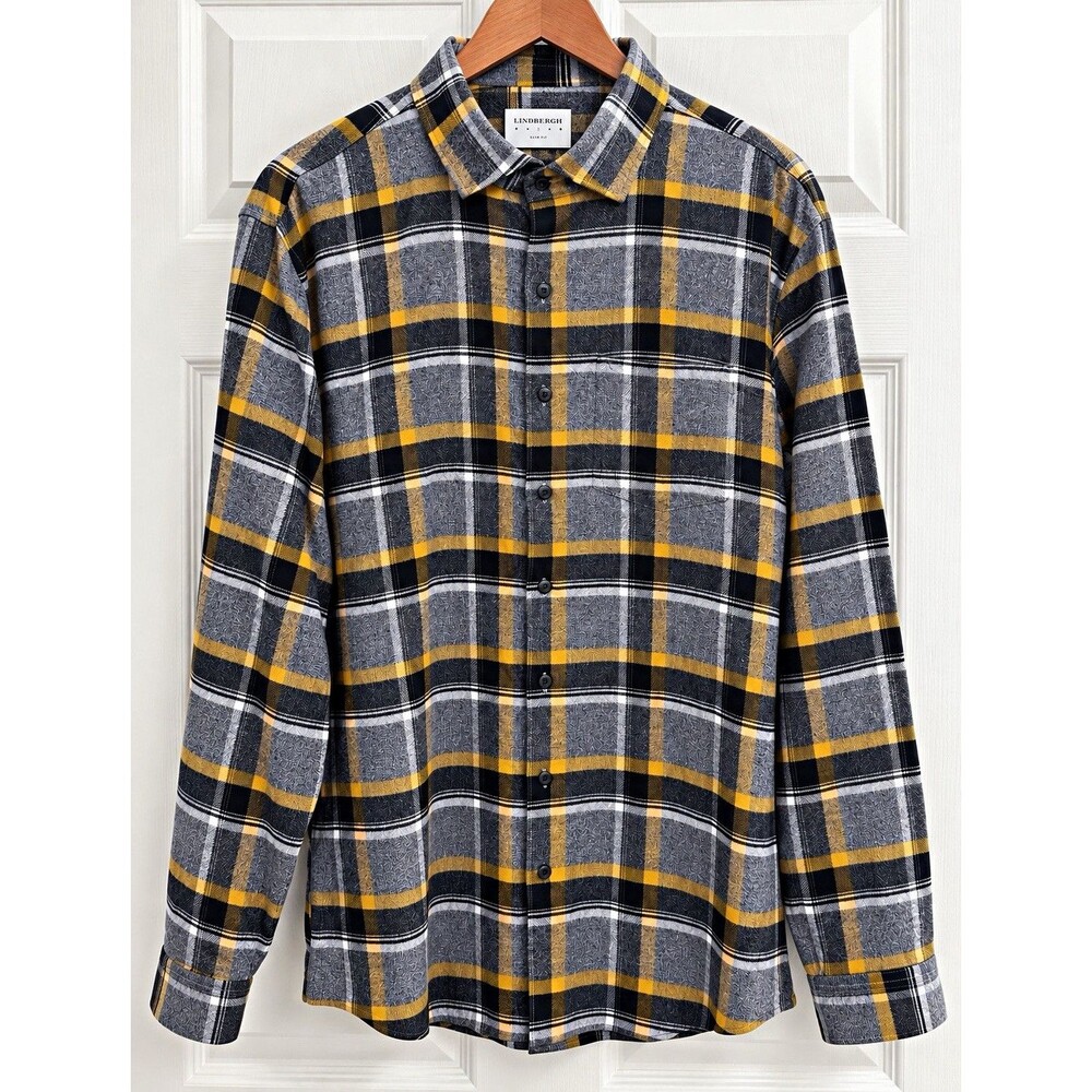 Lindbergh White XXL Plaid Button Down Shirt Mustard Gray Black Slim Fit Cotton